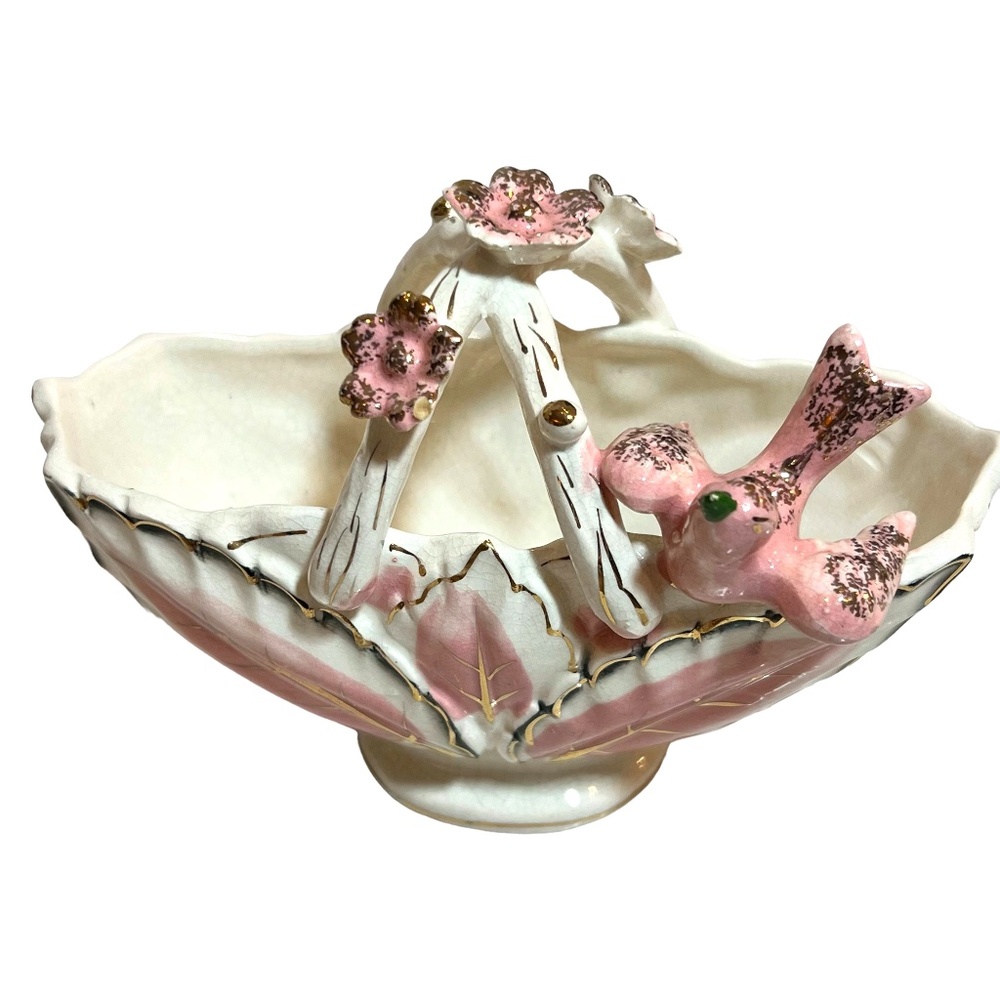 Vintage 1956 L&M Japan Porcelain Basket Pink Bird Flowers Gold Details 6.5" W